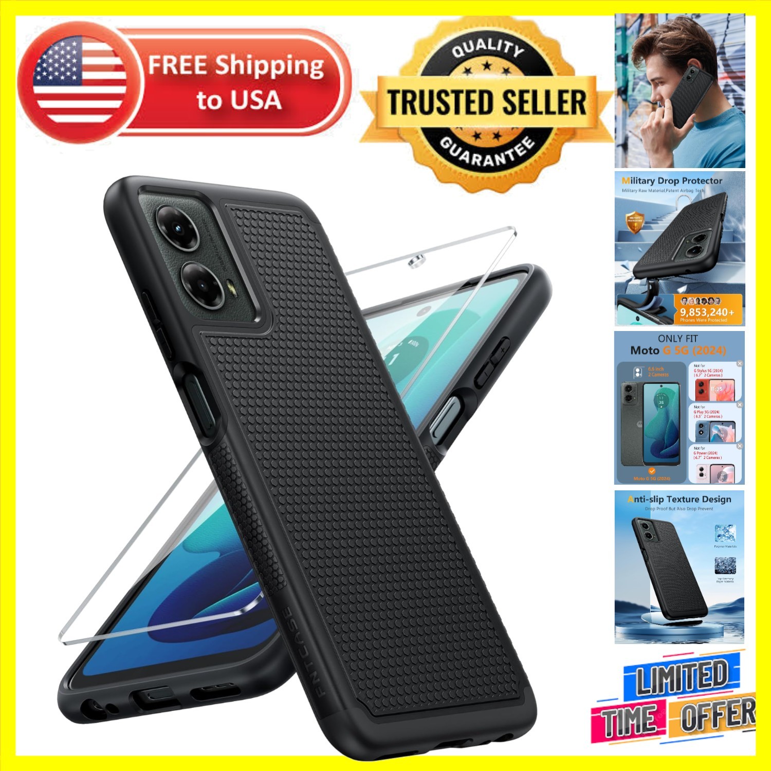 Shockproof Dual Layer Moto G 5G 2024 Case - Stylish Black with Screen Protector