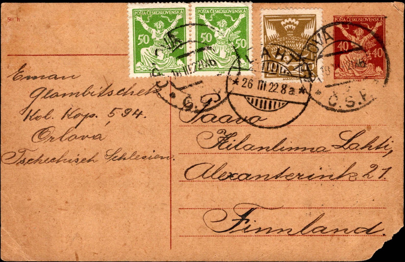 Czechoslovakia 1928 Postcard Praha to Finland Soldier Mail Military Address