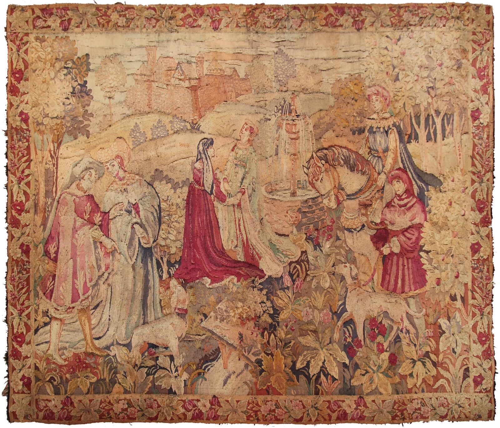 6x8 Antique French Handmade Tapestry Fountain Scene Decorative Wall Art c.1920