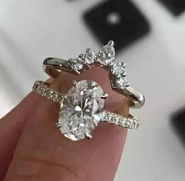 3Ct Oval Cut Lab Created Diamond 14K White Gold FN Engagement Ring Set