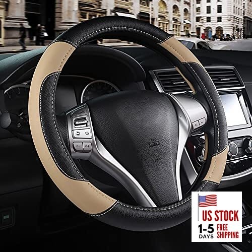 Leather Car Steering Wheel Cover, Non-Slip Car Wheel Cover Protector Beige