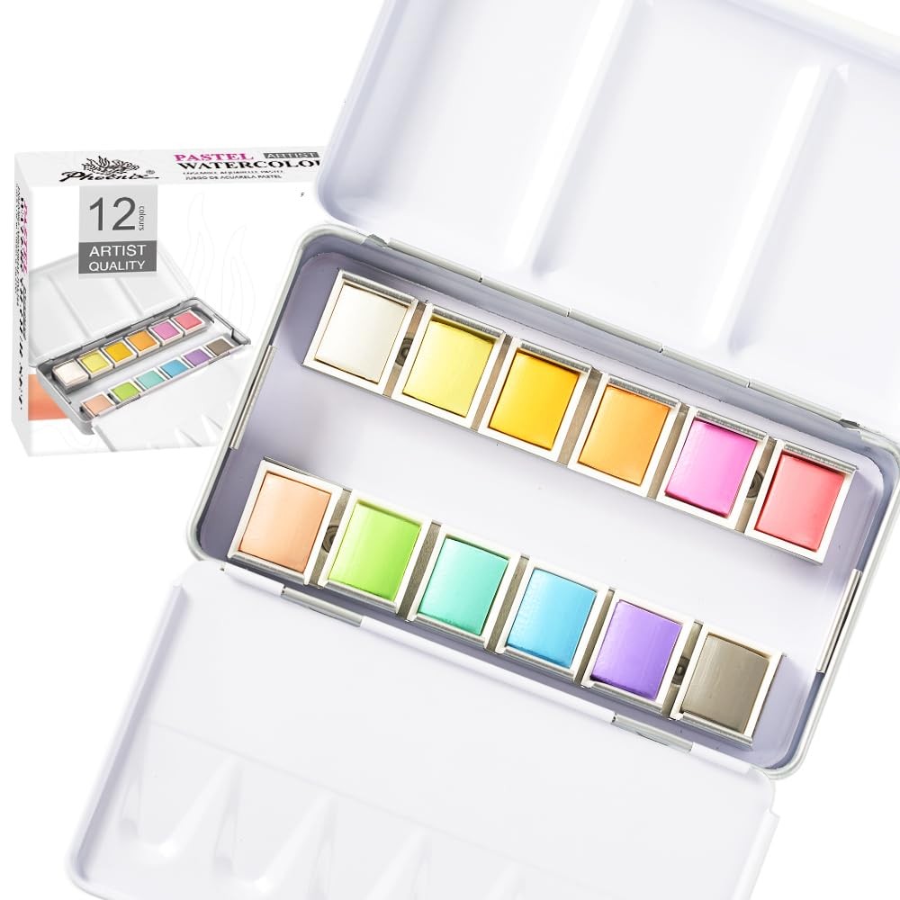 PHOENIX Pastel Watercolor Paint Set 12 Half Pan Artist Grade Portable Metal Case