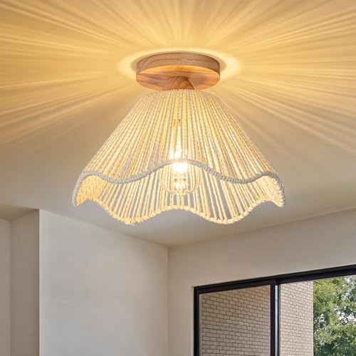D12.5 Inch Boho Light Fixtures Flush Mount Mini Chandelier Woven White-D32cm