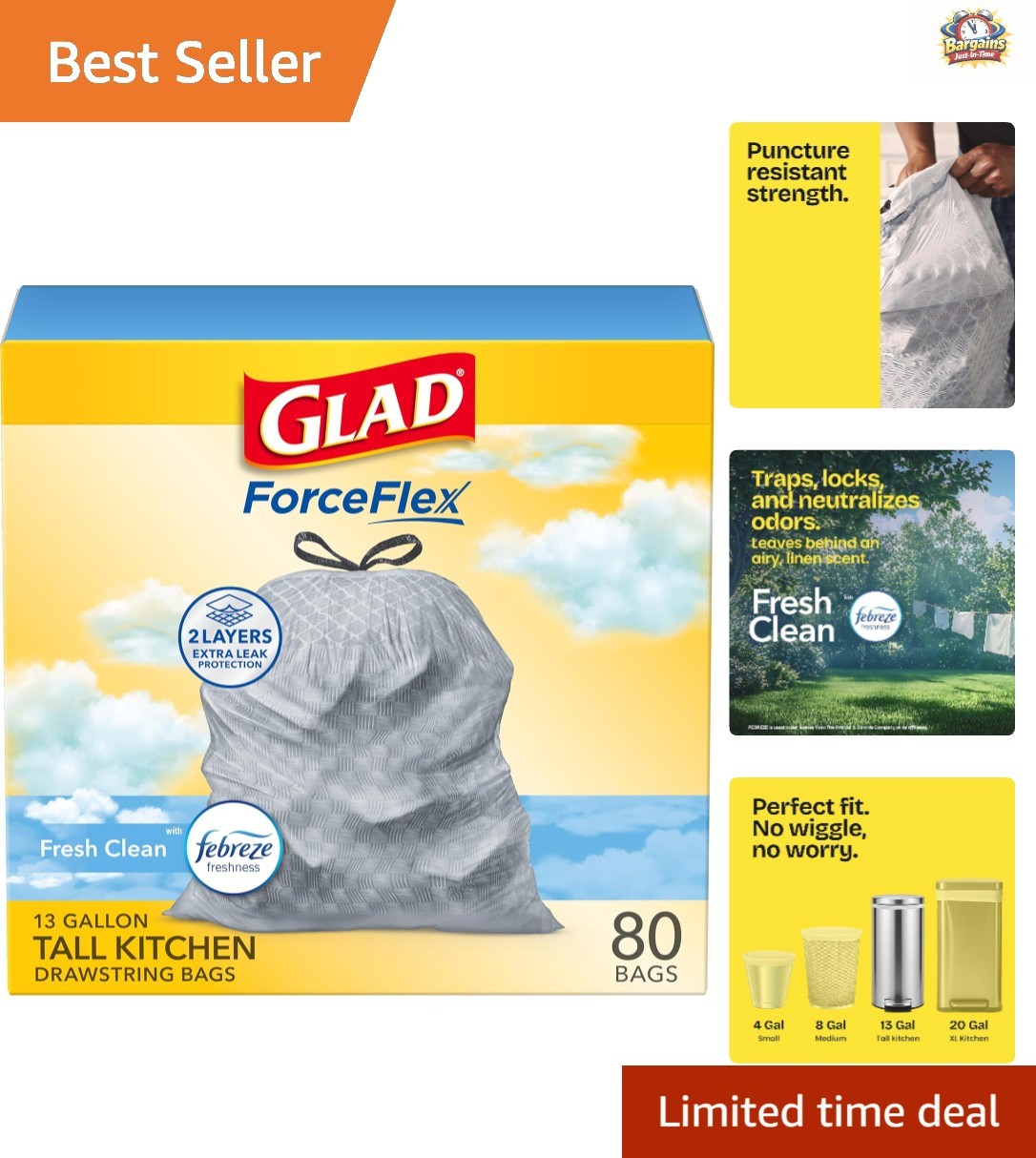 Fresh Clean ForceFlex Tall Kitchen Trash Bags, 80 Count - Superior Leak Defense
