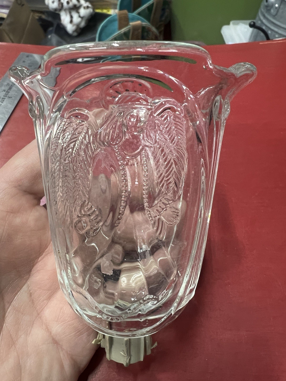 VTG Homco Home Interiors Clear Glass Embossed Angel Votive Cup Peg Candle Holder