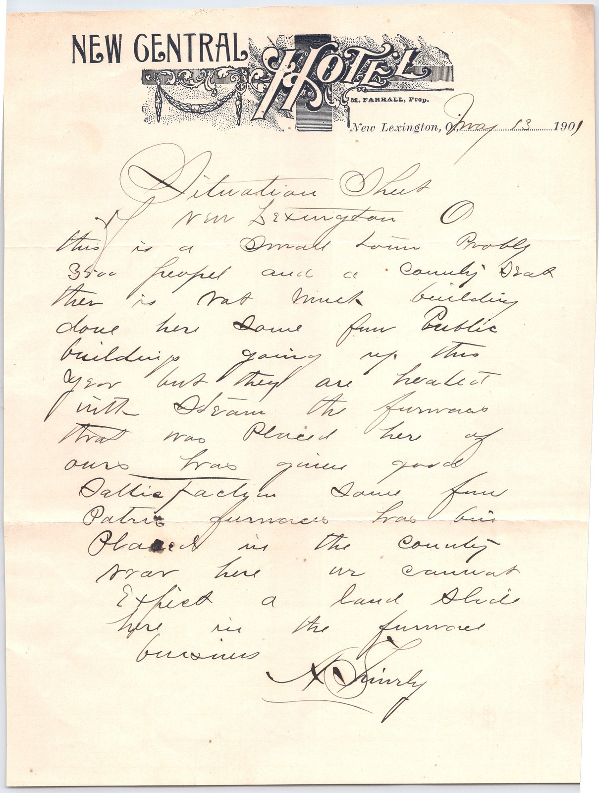 1901 Handwritten Letter New Central Hotel New Lexington Ohio Manuscript Document