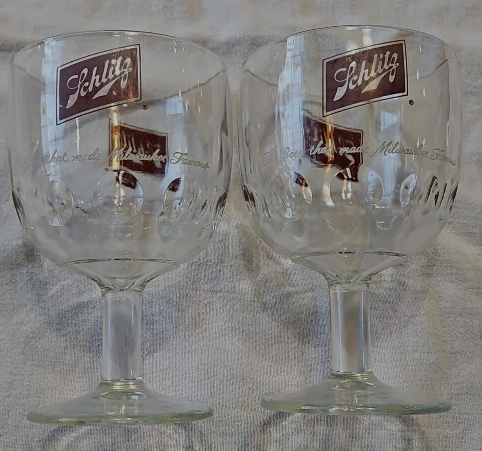 Schlitz Milwaukee Beer Goblet 2- 1970's 6" Famous Stemmed Thumbprint  Bar Glass