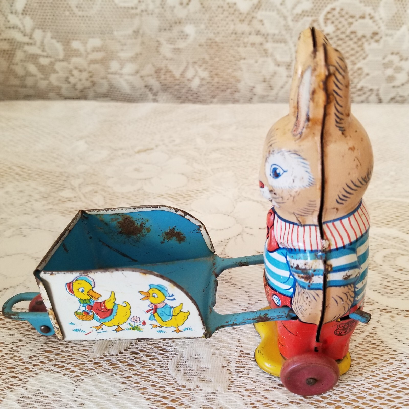 Vintage J Chein & Co. Easter Bunny Rabbit Pushing Cart Tin Litho Toy