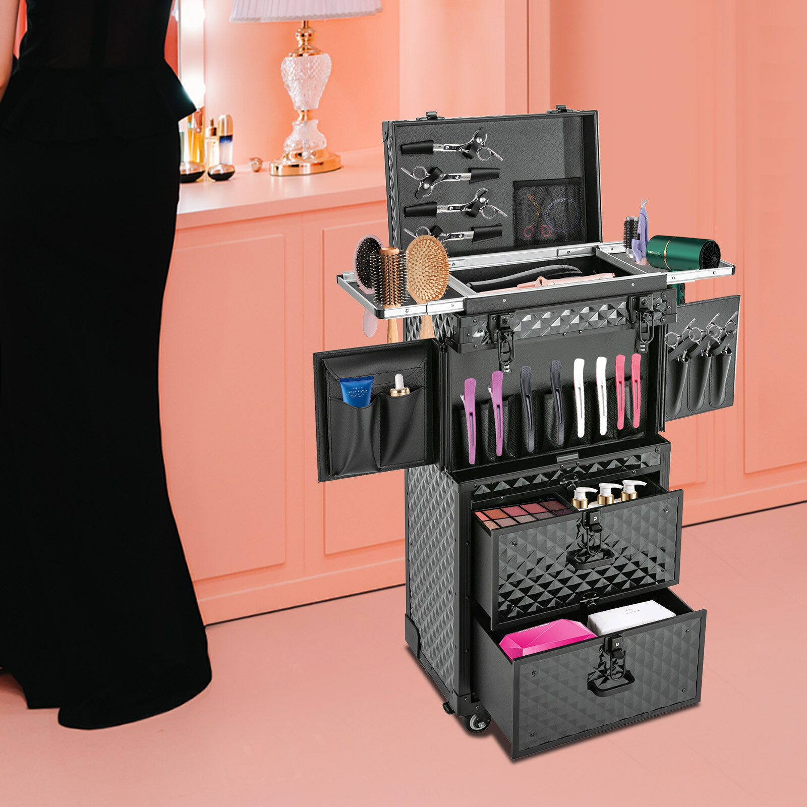 Lockable Rolling Makeup Case with Wheels for Hairdressers and Beauty Pros