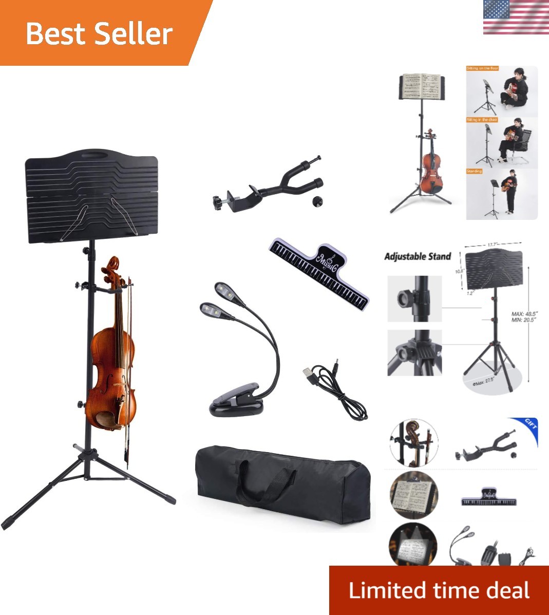 Adjustable Black Music Stand with Violin Hanger for Kids & Adults, 20.5-48.5"