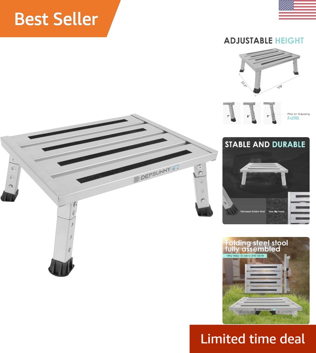 Adjustable Height Aluminum RV Step, Stable Foldable Platform Step Stool, Supp...
