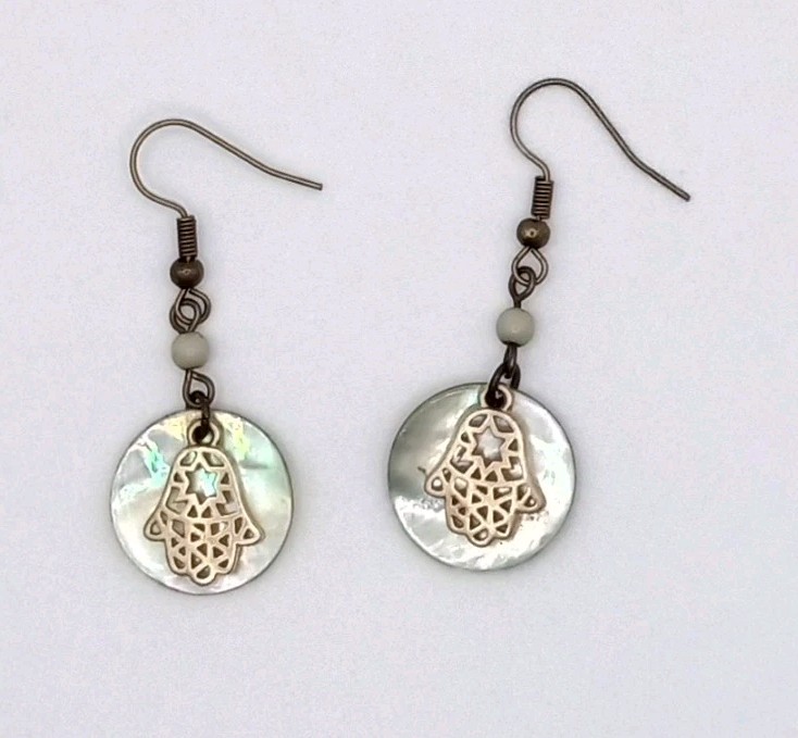 Filigree Hamsa Hand w/ center star, irridescent shell pierced earrings