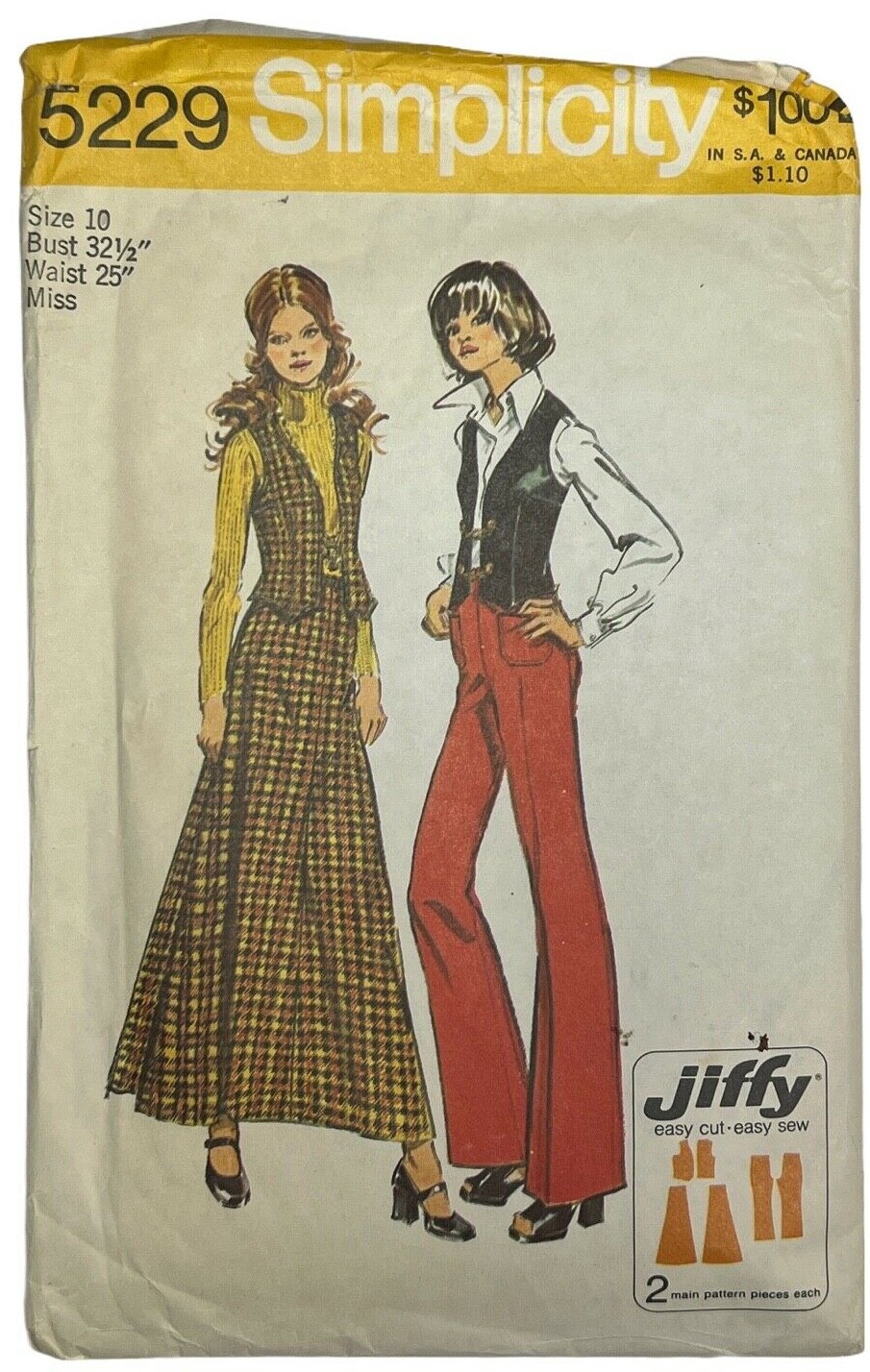 Vintage 1972 Simplicity Jiffy Sewing Pattern 5229 Skirt Pants Vest Size 10