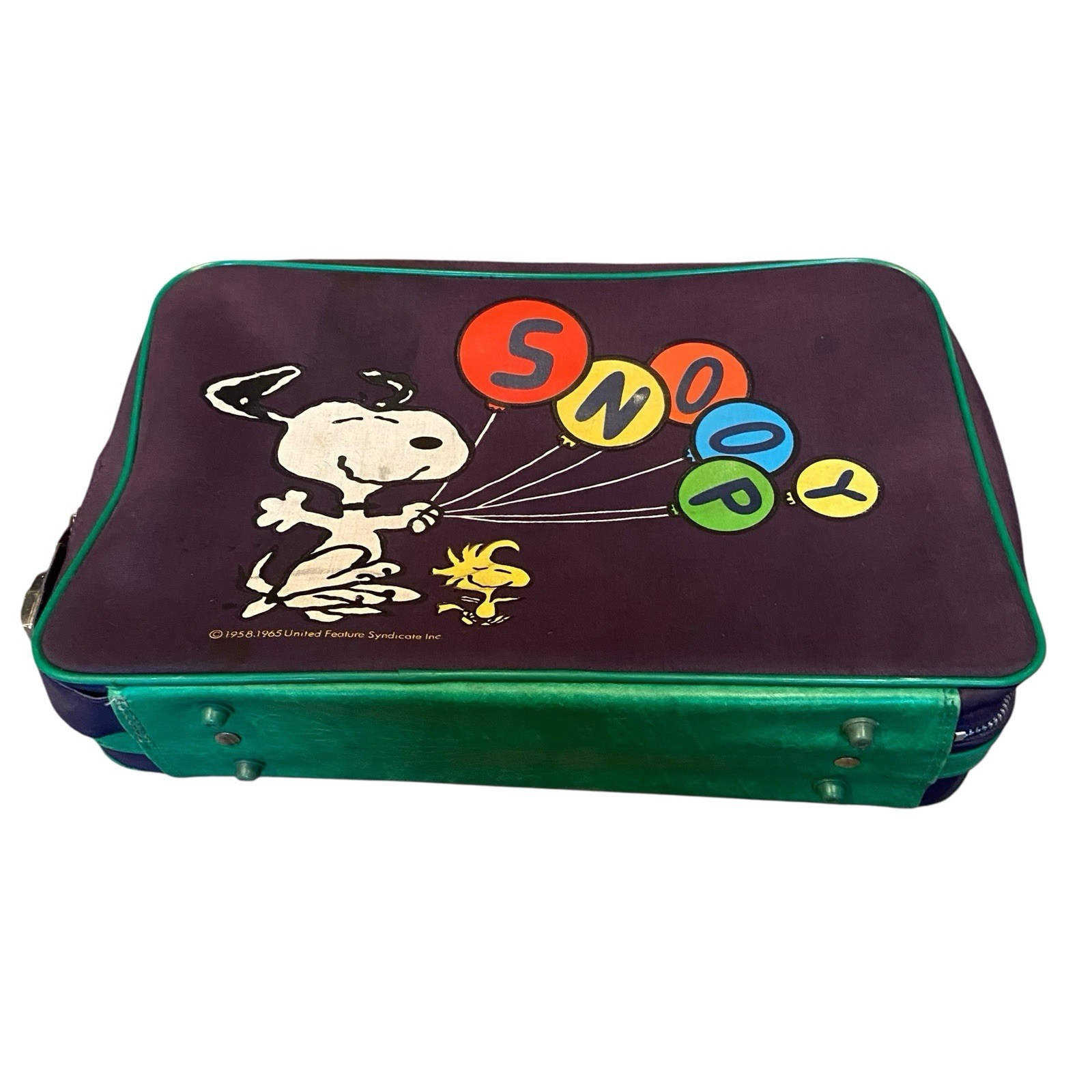 Vintage MCM Snoopy/Woodstock Peanuts Suitcase 1965 Blue Balloons Retro Case