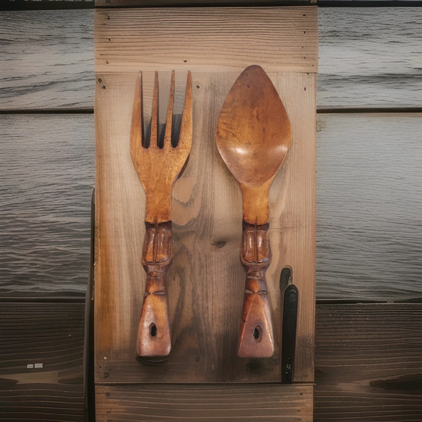 Vintage Carved Wooden Spoon and Fork  Wall Art Decor Retro Made In Phillipines 