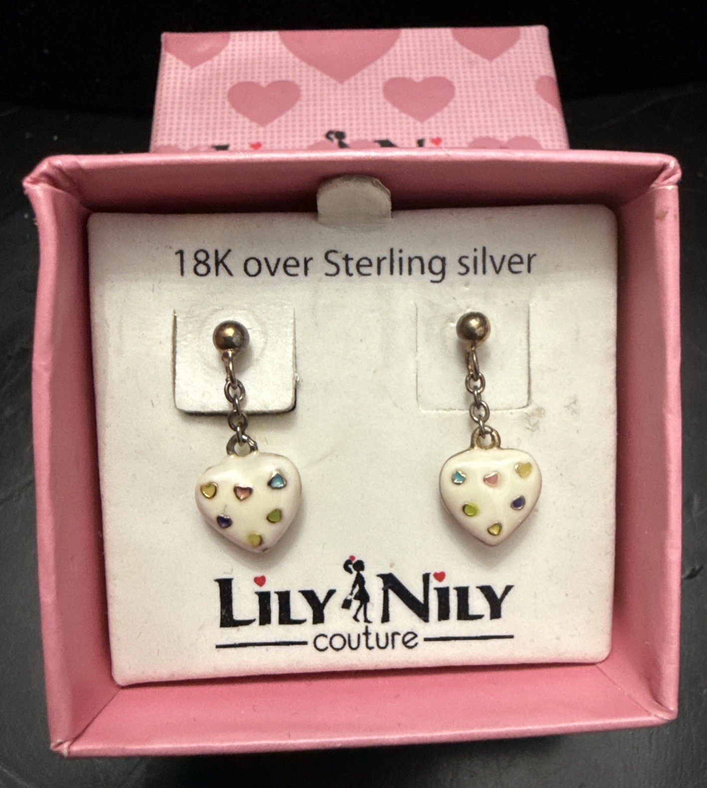 LILY NILY 18K Gold Over Sterling Silver White Hearts Post Dangle Earrings NIB