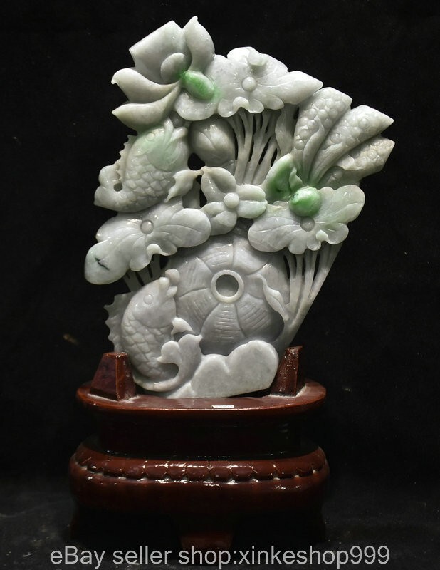 12" Chinese Natural Emerald Jade Jadeite Carving Lotus flower fish statue