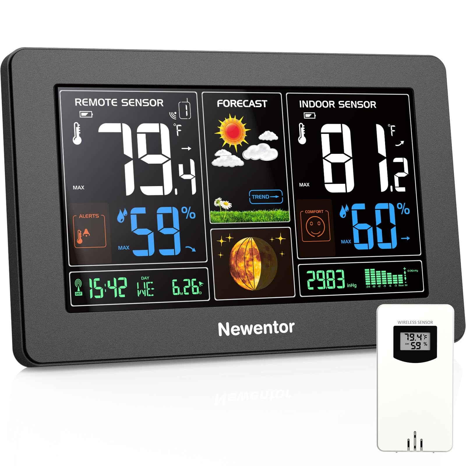 Newentor Weather Station Wireless Indoor Outdoor Black with 1 sensor 