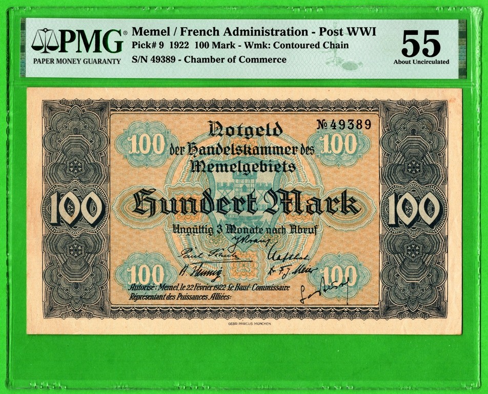 Memel  Lithuania 100 Mark  1922, P9, PMG55, * About Unc *