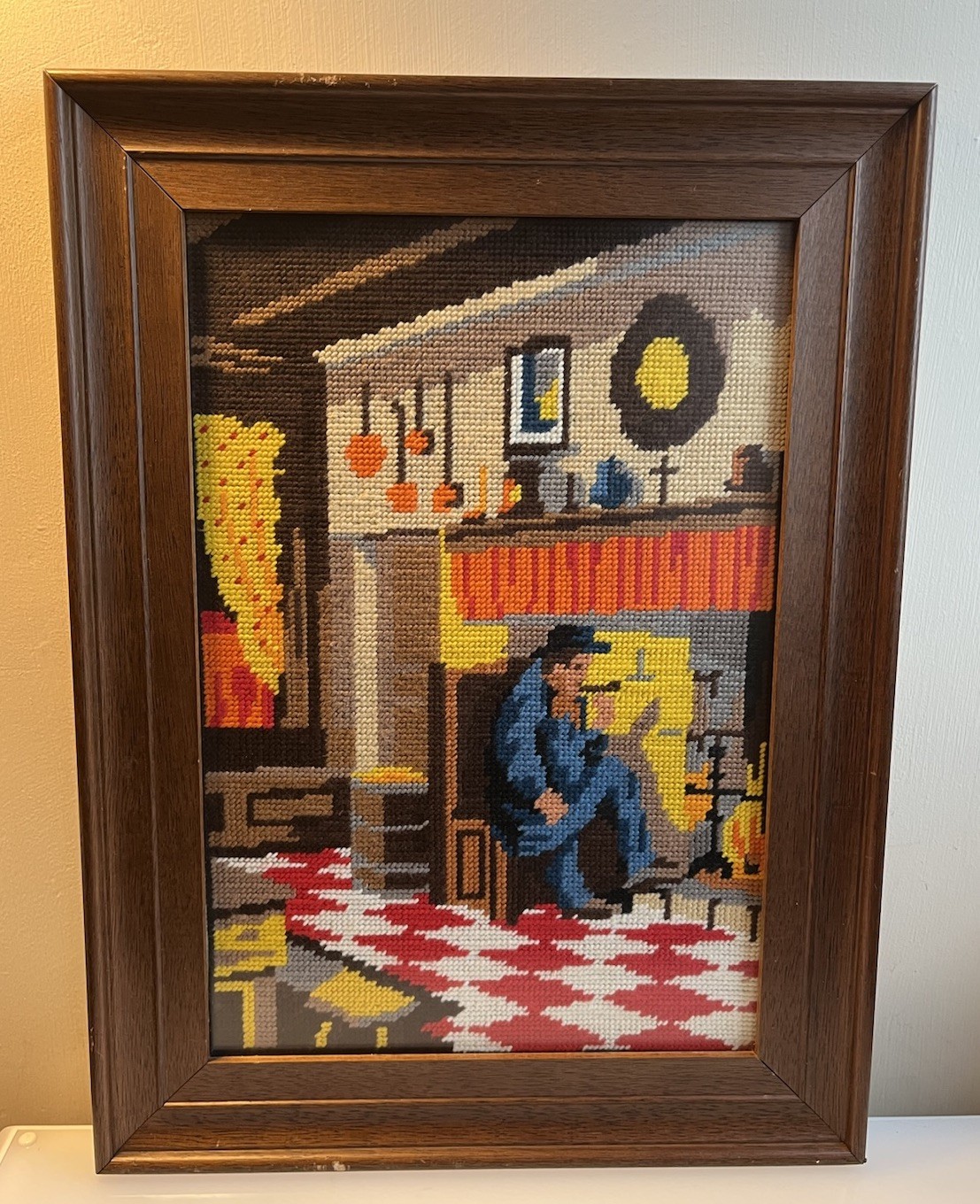 Vintage Tapestry Needlepoint Old Man and Pipe Framed Picture 16.5x12.5in