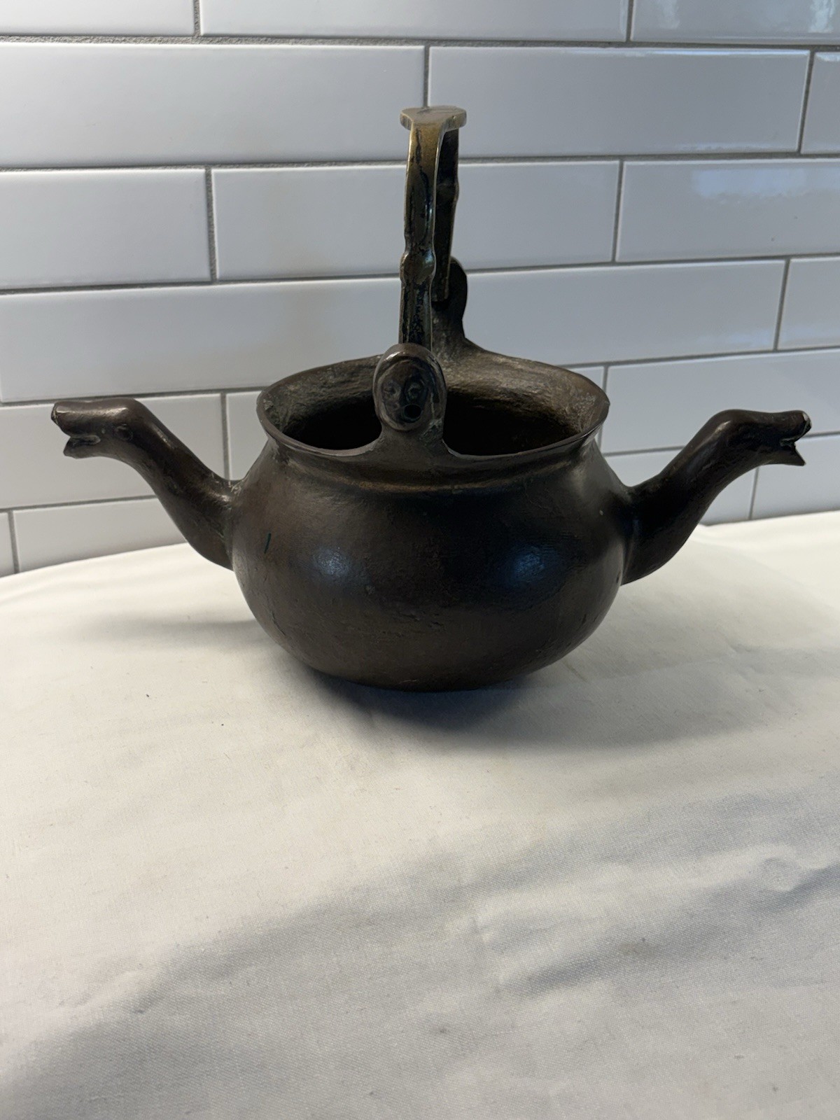 Antique Flemish Lavabo Twin Spout Water Vessel Bronze 12” Wide Spout To Spout