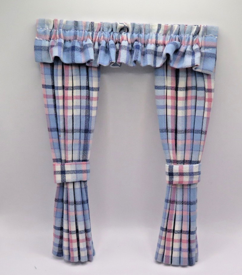 Dolls house curtains   - blues & pinks check   RUFFLED PELMET   7" long 1:12th