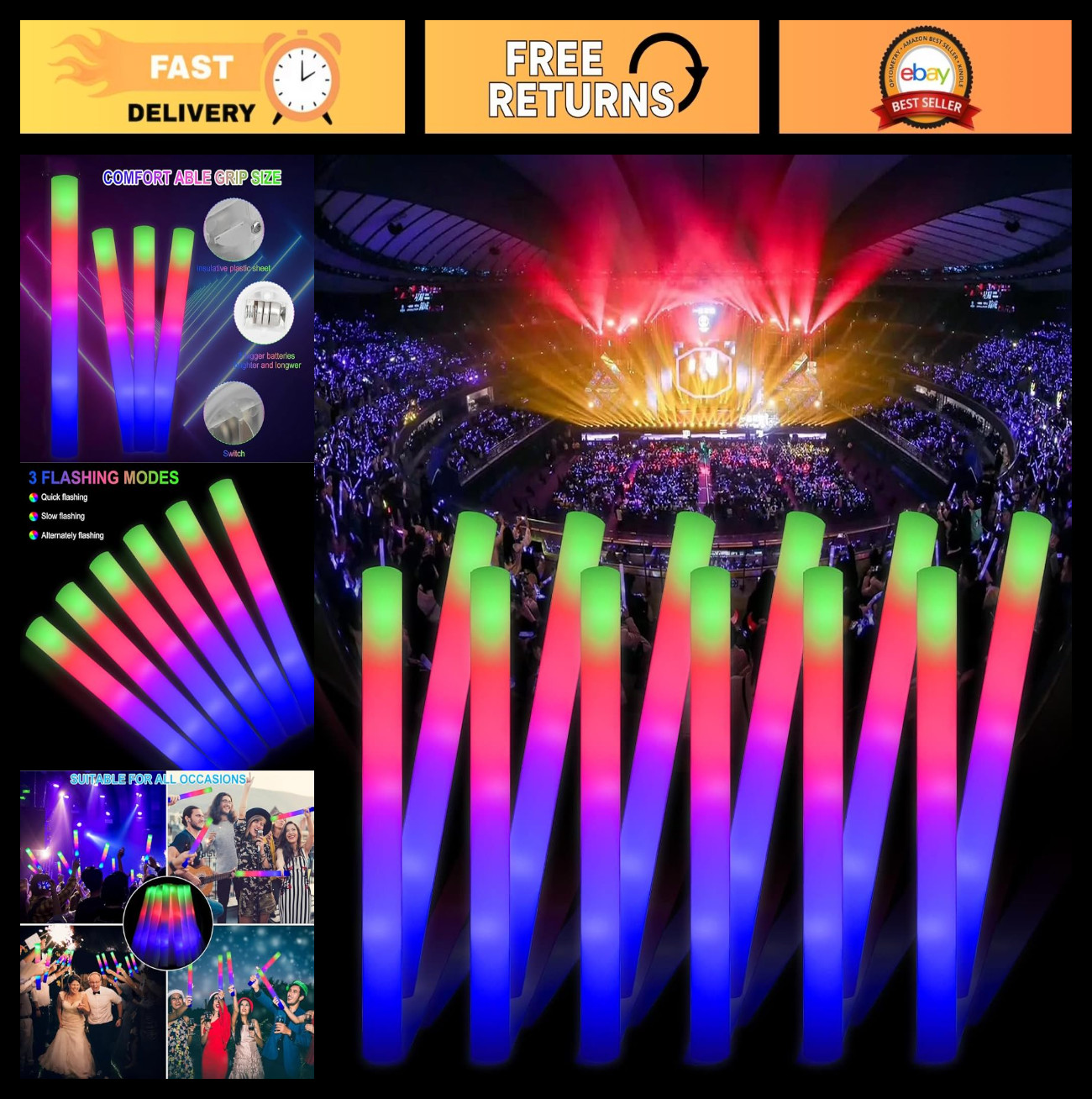 70pcs Glow Sticks Bulk - Foam Light Up Wands, 3 Flashing Modes for Parties & Eve