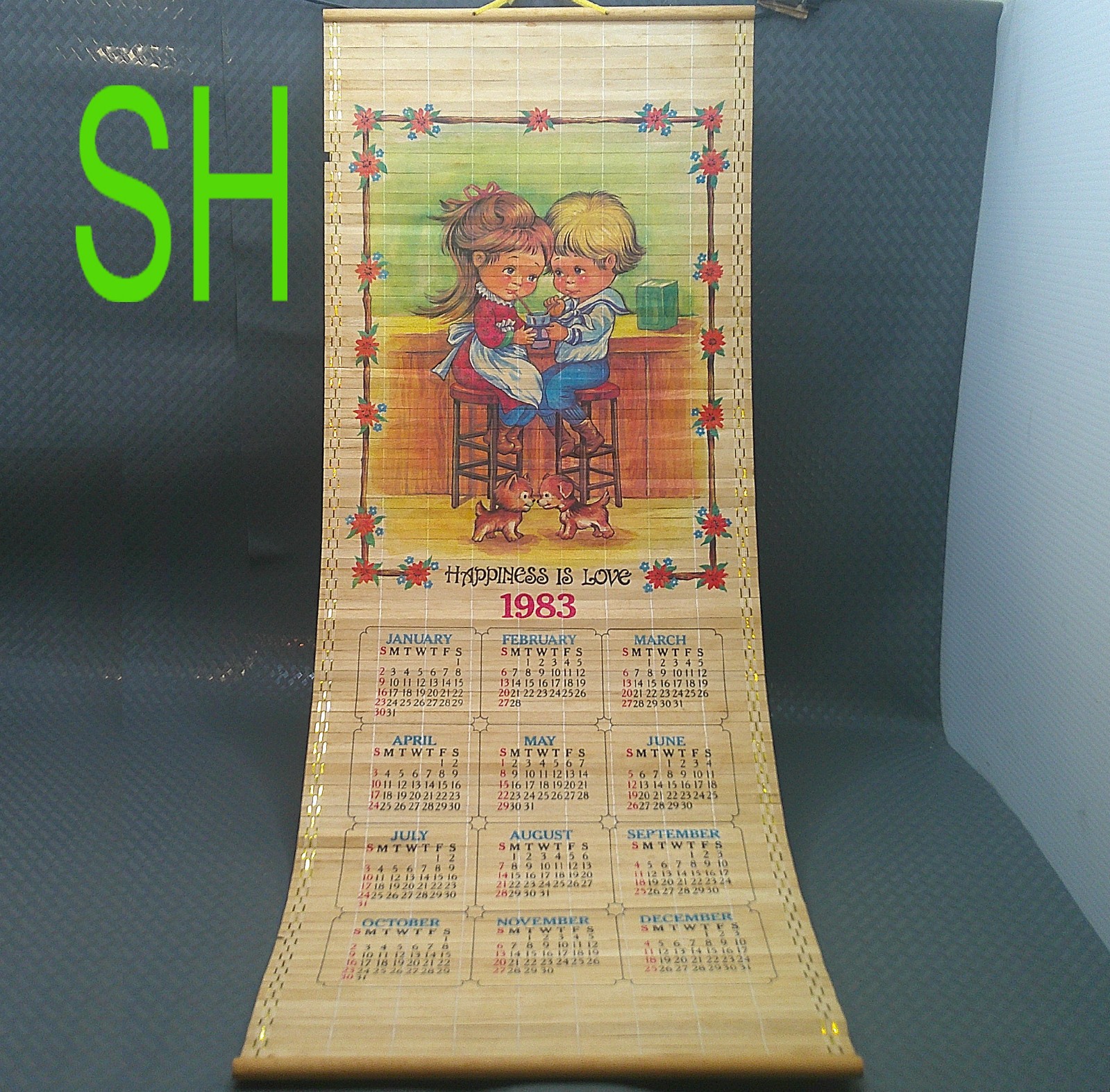 Vintage Wood Strip Scroll Calendar 1983 "Happiness is Love" Girl Boy Share Soda