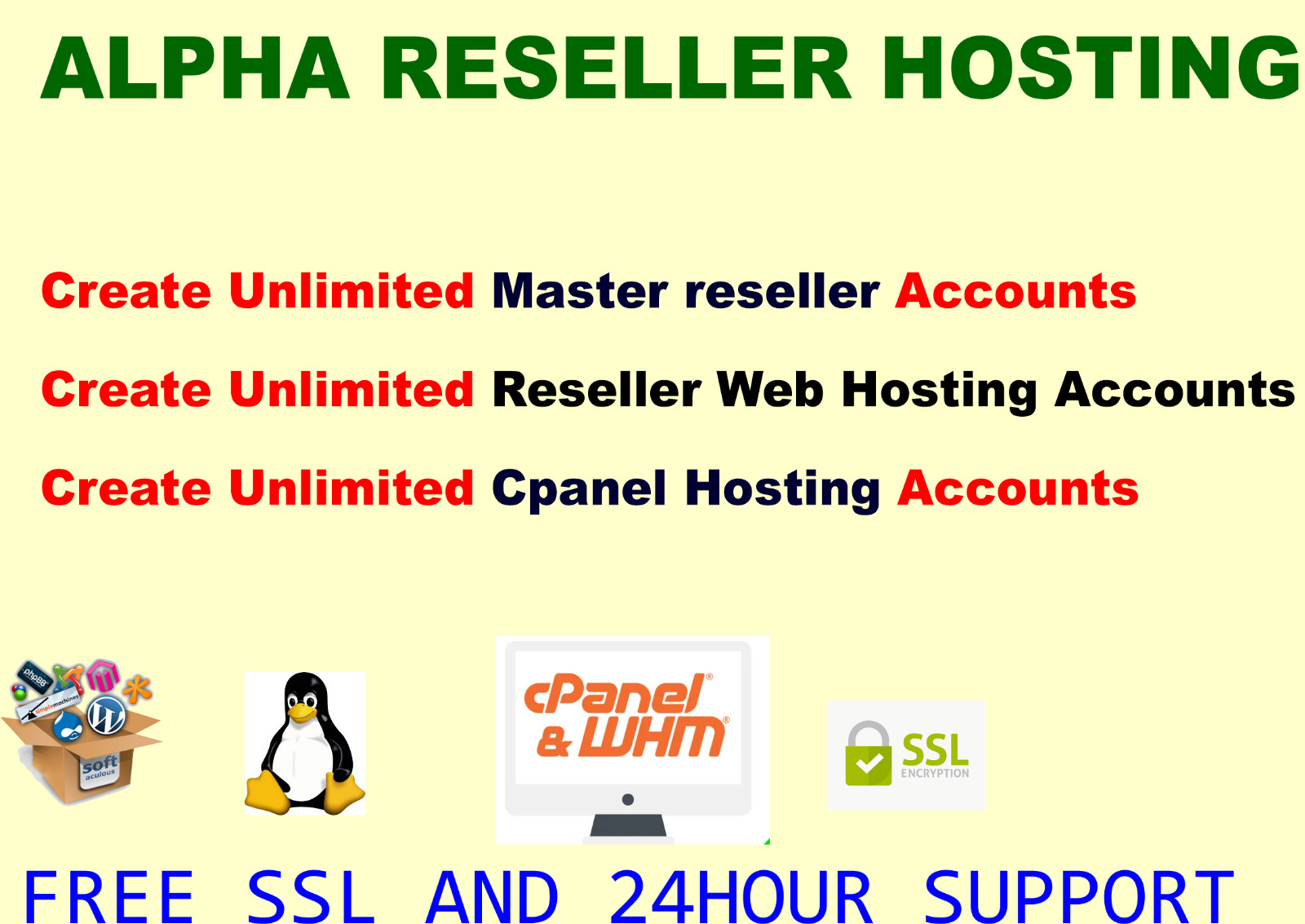 ALPHA  Reseller Web hosting, Create Unlimited accounts with WHM/Cpanel free SSL 
