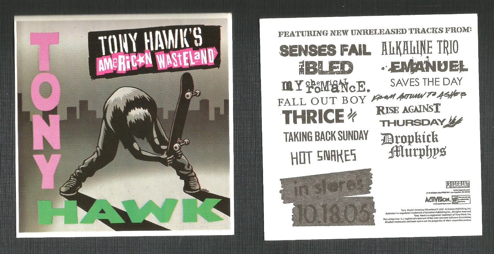 TONY HAWK Vintage 2005 Set of 2 PROMO Vinyl STICKER DECAL 4x4 of Wasteland CD