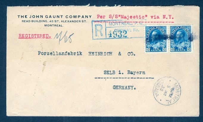 CANADA 1923 10c ADMIRAL PAIR REG TO GERMANY