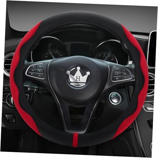 Luxury Suede Steering Wheel Standard Size[14.75-15.15"](37.5-38.5cm) Red+Black