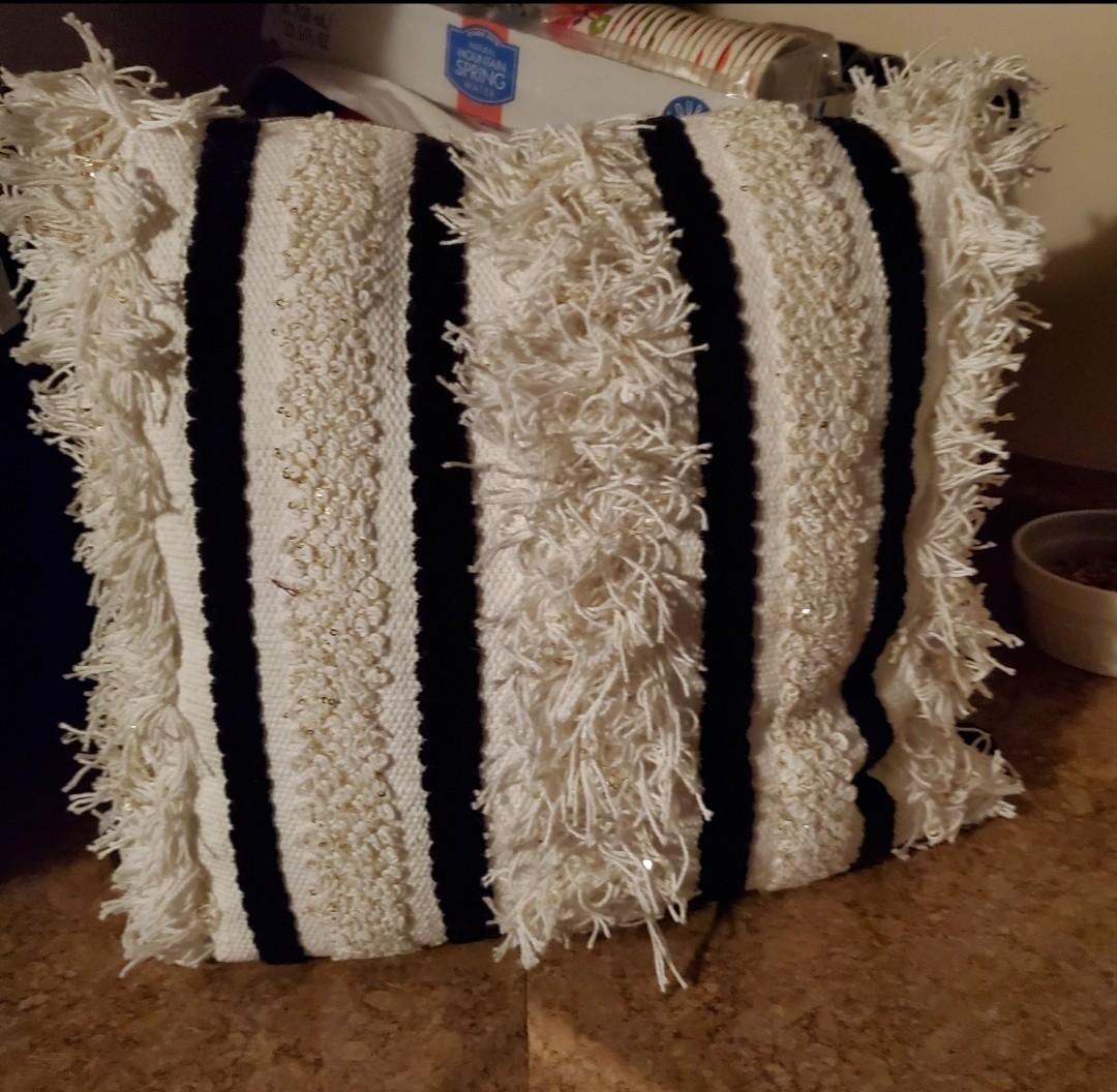 Anthropologie Boho Striped Textured Cotton Throw Pillow 20x20 White Black