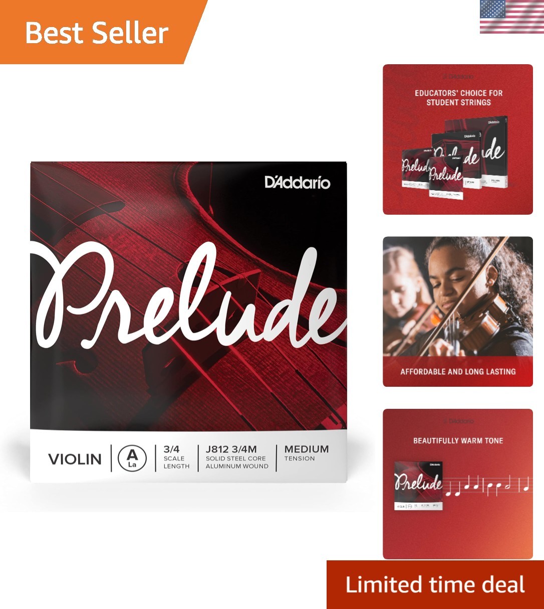 Prelude Violin Strings, J812 3/4M, Medium Tension, 3/4 Scale, Single A String