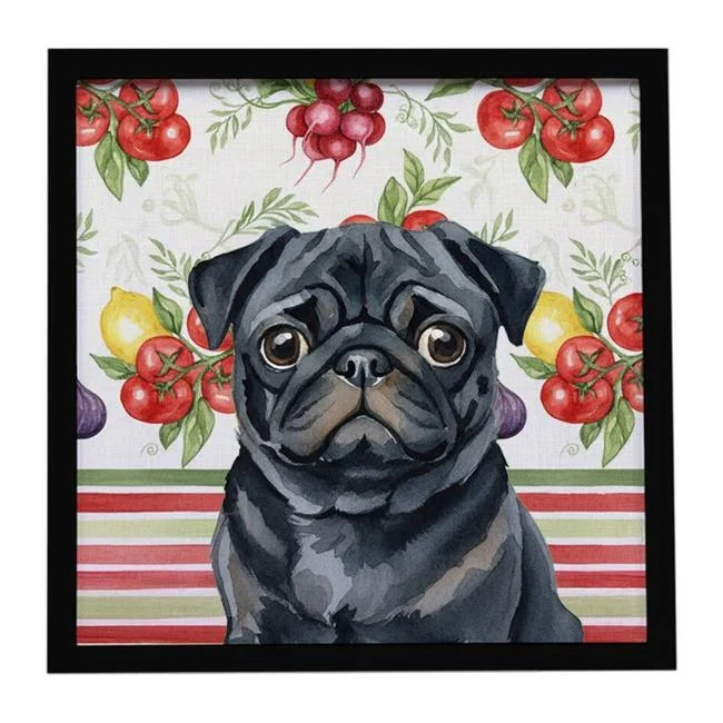 Carolines Treasures WDK8381MFP88 Unisex Black Pug Vegetables Framed Metal Pri...