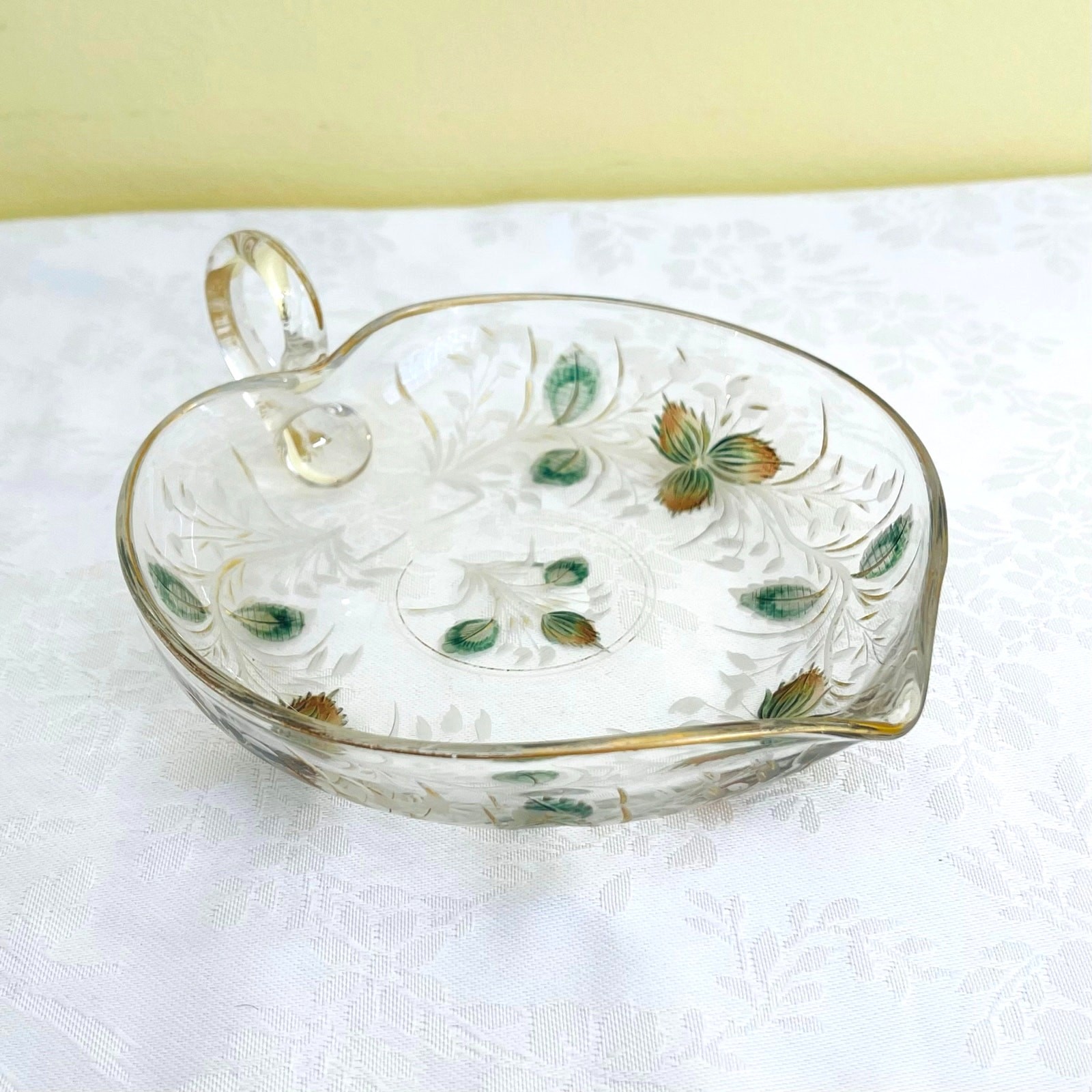 Nappy Bon Bon Serving Dish Antiq Moser Bohemian Glass Handle Spout Hand-Painted 