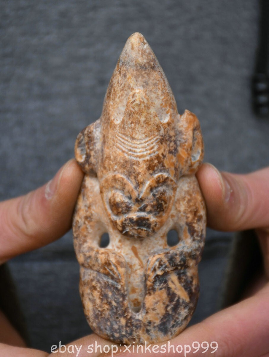 4" Chinese Hongshan culture Hetian Jade Carving Sun God People Statue