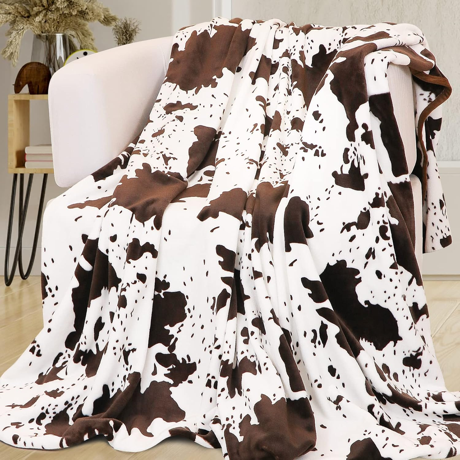 Cow Print Blanket for Couch Bed, Fuzzy Fleece Soft Blankets and Throws, Brown Wh