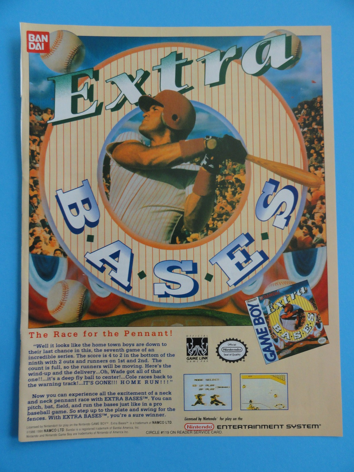 EXTRA BASES NINTENDO GAME BOY VINTAGE PRINT AD 8.5"X 11" - 1991