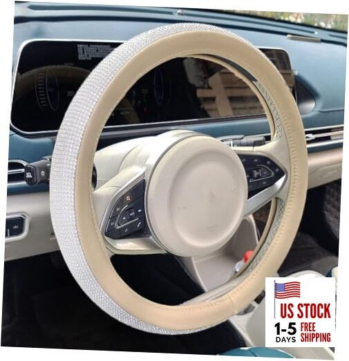 Full Sparkly Rhinestone car Steering Wheel Cover beigeLeather&white diamond