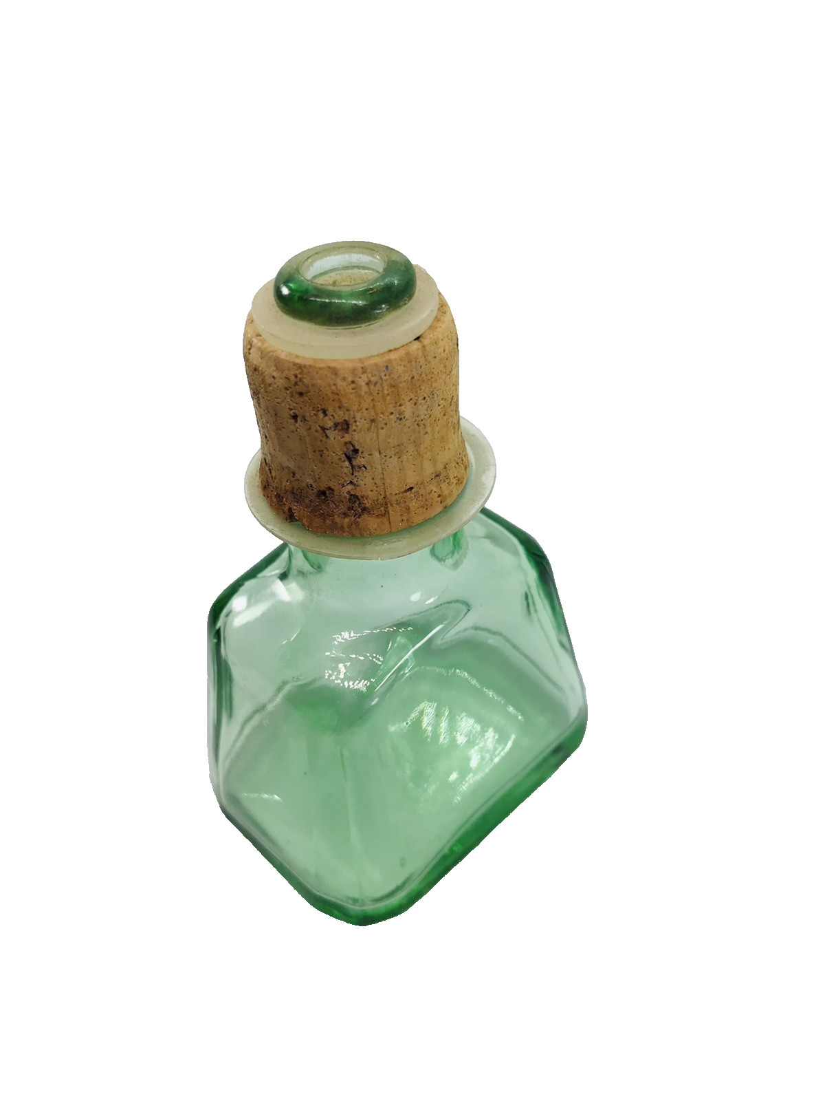 Vintage Mini Green Glass Bottle with Cork on outside of neck