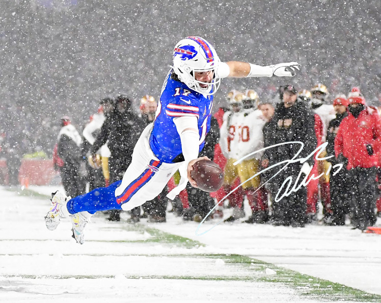 Josh Allen Auto 8x10 Signed Buffalo Bills Reprint Photo Snow Leap Touchdown 1