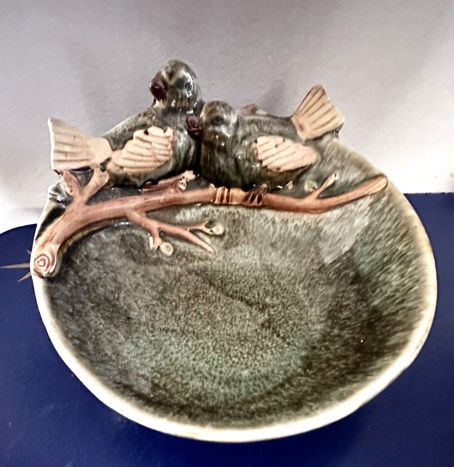 Love Birds Art Pottery Ceramic Bowl Green Tan Display Trinket Dish 6.5"