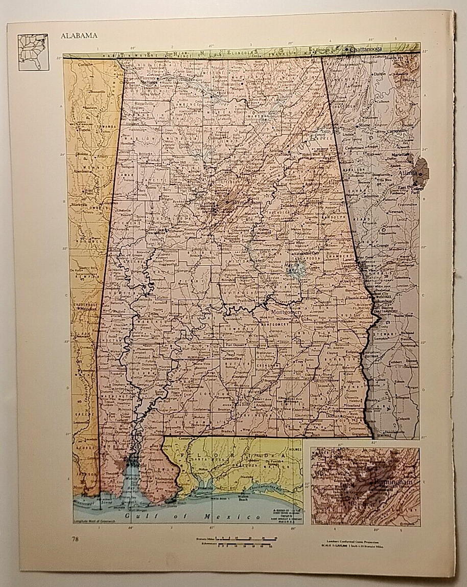 Vintage ALABAMA Atlas Map 1965 MSM Rand McNally Cosmopolitan World Atlas
