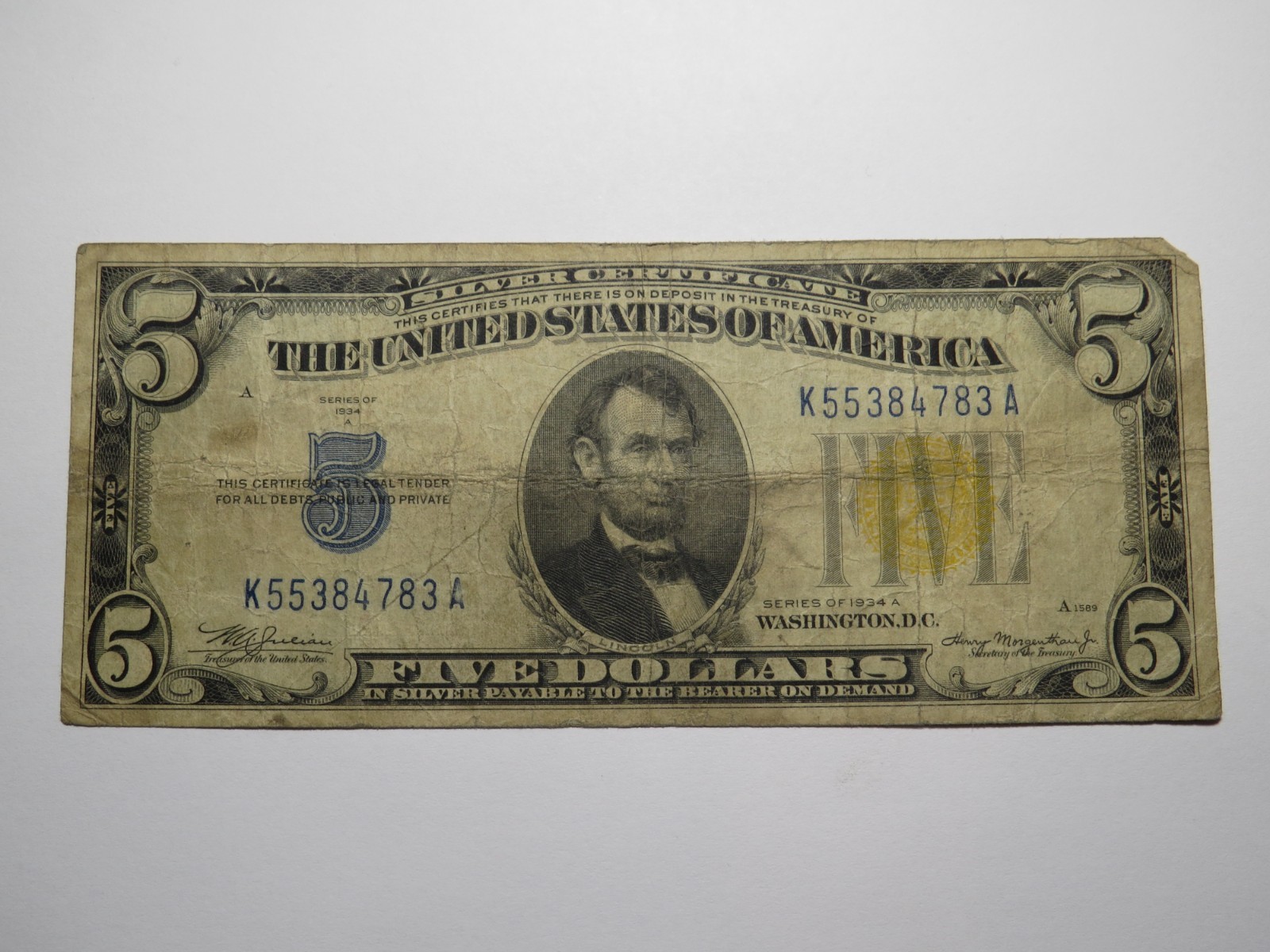 $5 1934 North Africa Silver Certificate WWII Emergency Issue Currency Note VG