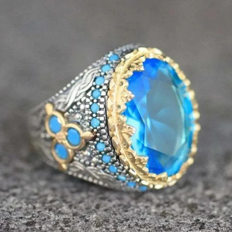 Blue Sapphire Style Zircon Ring Two Tone Wedding Engagement Band Unisex
