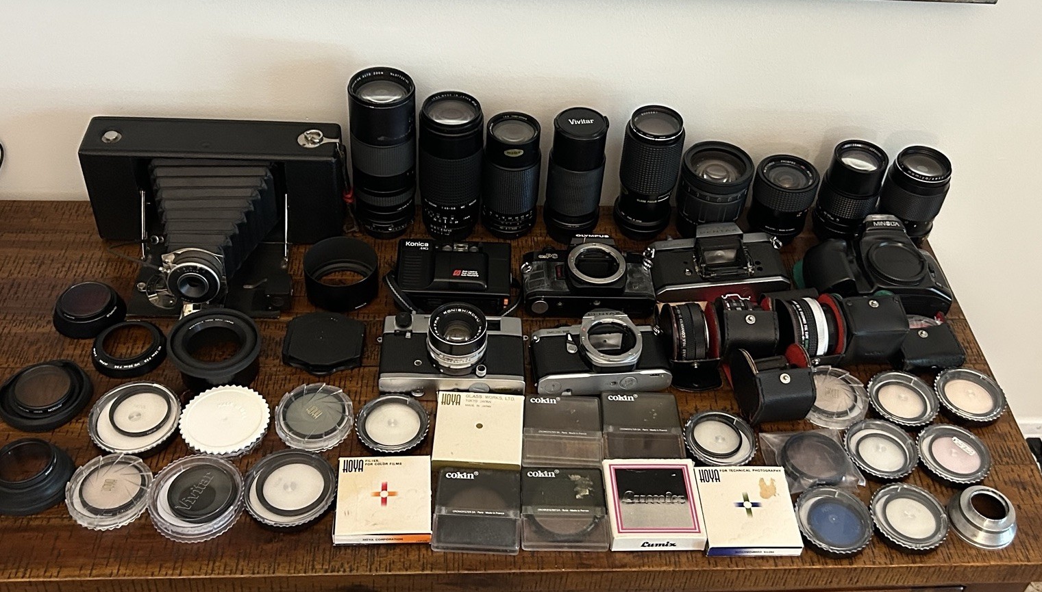 Vintage Camera Body Lot Pentax Olympus Minolta Konica SLR with Lenses Filters