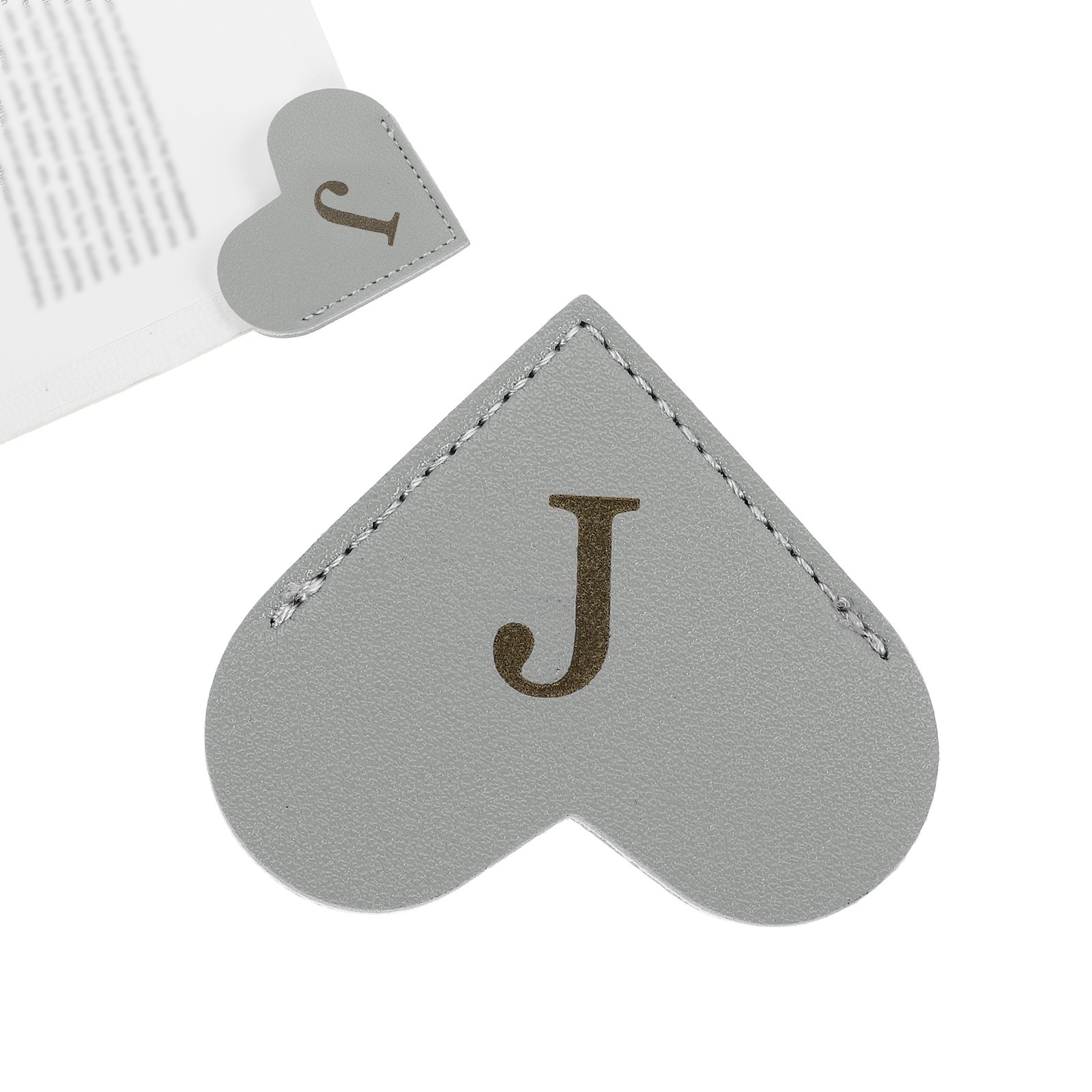 Initial J Corner Bookmarks,  Heart Shape Leather Book Marks Markers, Gray