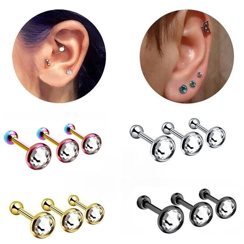 3pc Multicolor 6mm Bar 3/4/5mm Gem Ear Tragus Helix Cartilage Stud Piercing Set