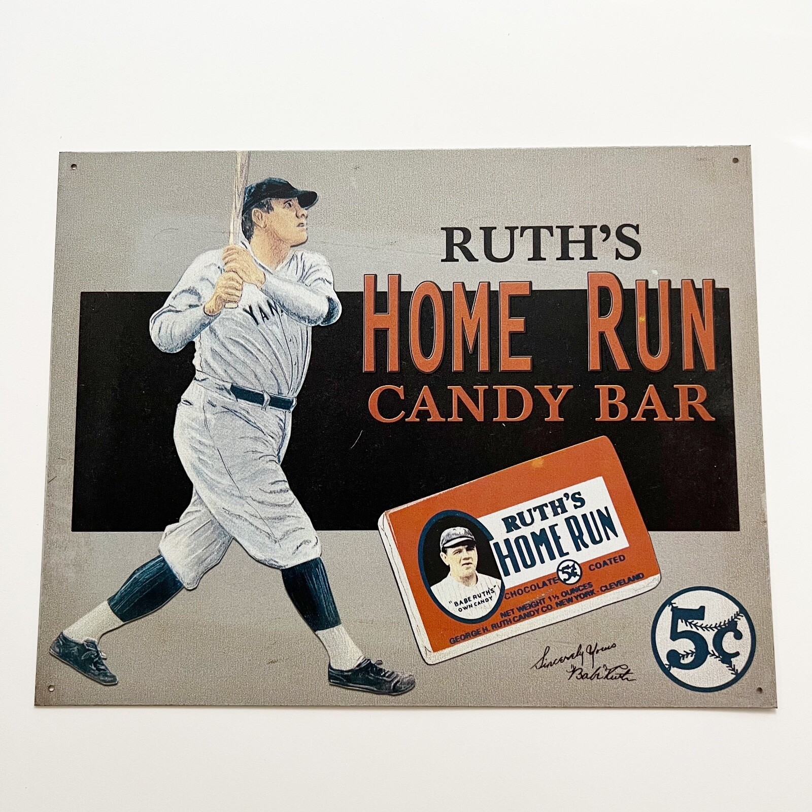 Vtg 1991 Babe Ruth Ruth's Home Run Candy Bar Metal Tin Sign Advertisement 16x12